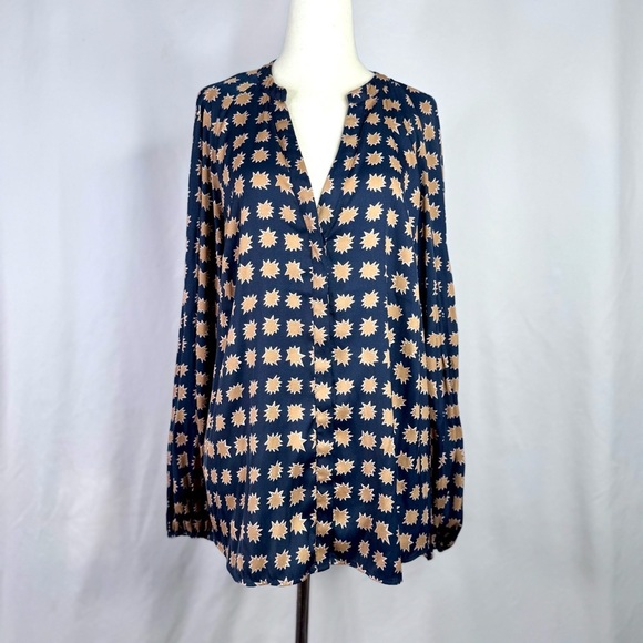 Boden silky blouse navy tan v-neck buttons balloon sleeves elastic cuff 12 - Picture 1 of 11